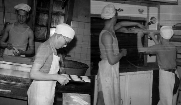 1958: Szenerie aus der Backstube, Bäckergeselle Franz Hofmeister und Bäckerlehrling Fritz Ferner bei der täglichen Arbeit.