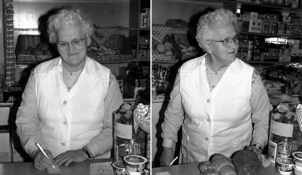 1985: "Reichl Oma" Margarete Reichl sen. am Ladenpult im alten Geschäft, wie sie die Samareiner jahrzehntelang kannten und schätzten.